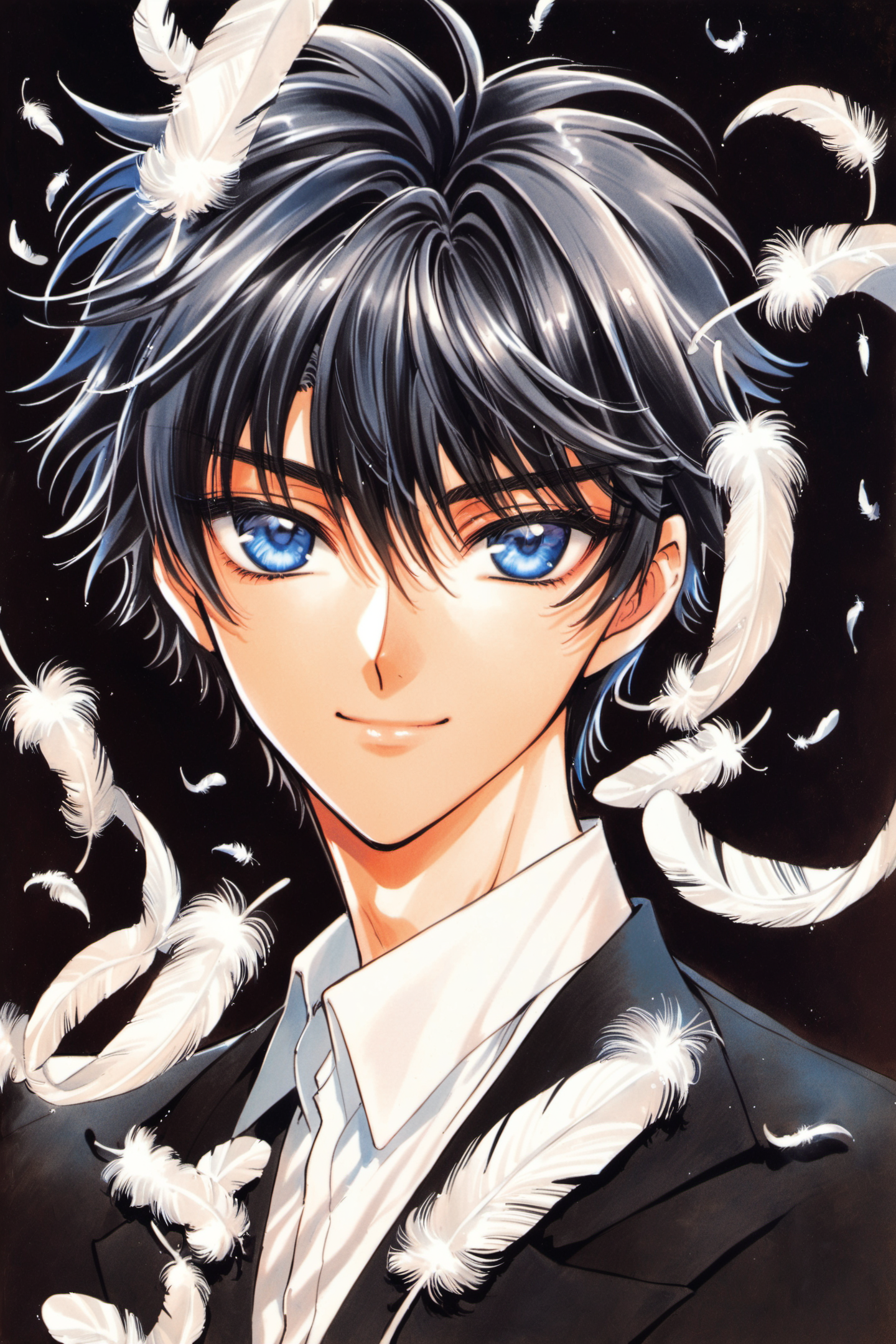 23515-3289820545-1boy, solo, feathers, male focus, blue eyes, black hair, smile, black background, traditional media, looking at viewer, white fe.png